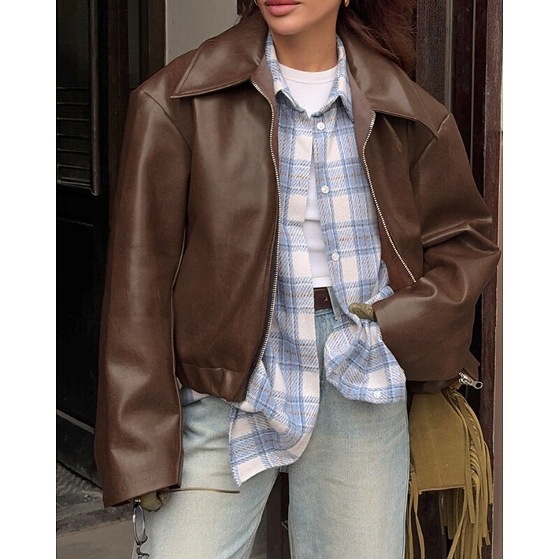 Women's Faux Leather Jacket Warm Comfortable Zipper Fashion Retro Plaid Outdoor Holiday Going out Weekend Regular Turndown Loose Fit Long Sleeve Outerwear Wine Khaki Fall Winter