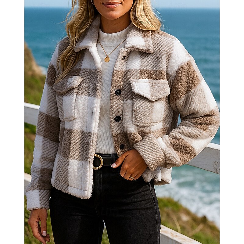 Women's Winter Coat Polar Fleece Jacket Buttons Long Sleeve Top Athleisure Plaid Checkered Warm Outdoor Travel Sports Sportswear Activewear Black Khaki4