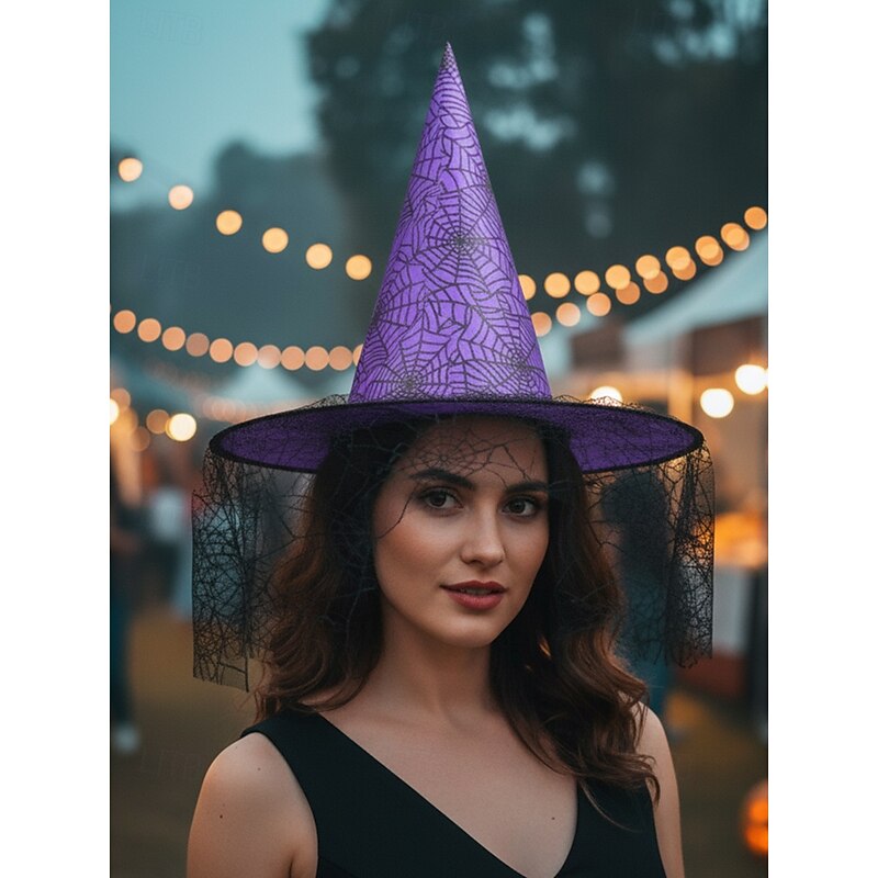 Women's Halloween Witch Hat with Spider Web Veil – Pointed Cosplay Costume Accessory in Multiple Colors for Party and Festival4