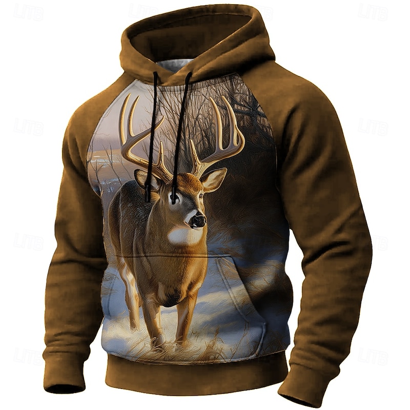 Men's Deer Hoodie Sweatshirt 3D Hunting Hooded Outdoor Sports Outdoor Black Blue Raglan Sleeves Fall Winter Designer2