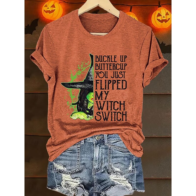 Halloween Women's T Shirt Graphic Witch Vintage Stylish Classic Short Sleeve Crew Neck Regular Tops Daily Going out Weekend Print White Blue Orange Green Summer Fall2