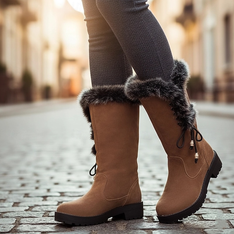 Women's Black Faux Fur Trimmed Winter Boots - Warm and Stylish, Lace-Up Design, Non-Slip Sole, Ideal for Cold Weather and Casual Wear