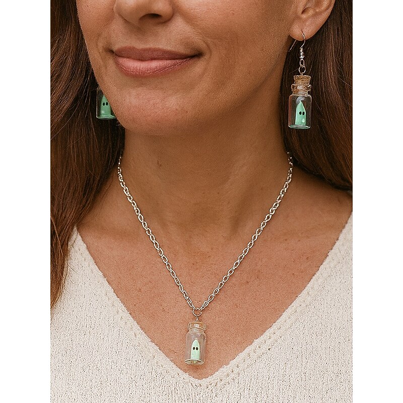 Women's Halloween Glow in the Dark Ghost Jewelry Set – Cute Bottle Pendant Necklace and Earrings for Party, Cosplay and Night Out4