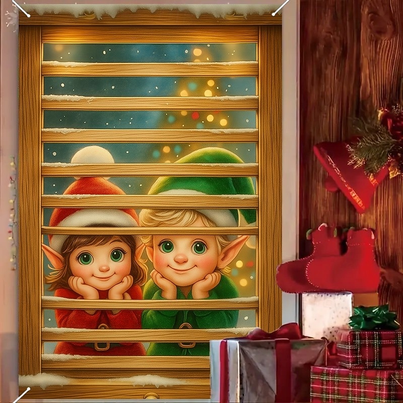 Christmas Children by Window Curtain, 2025 Xmas Festive Winter Window Curtain Door Cover, Holiday Home Decoration for Party, Living Room, Front Door2