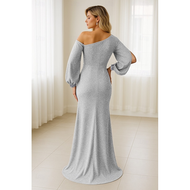 Mermaid Sequin Evening Gown Party Dress Formal Sweep / Brush Train Long Sleeve Scoop Neck with Glitter Ruched Slit Masquerade Dress4