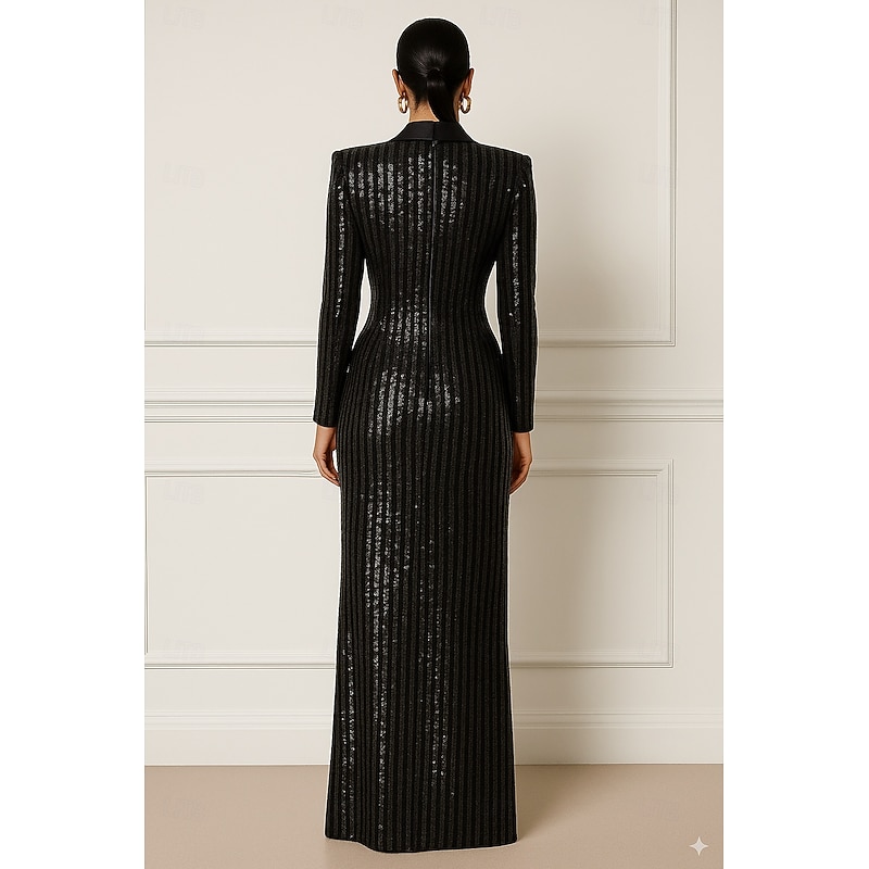Black Tuxedo Blazer Dress Sheath / Column Formal Sequin Elegant Long Sleeve Floor Length Lapel Double Breasted2