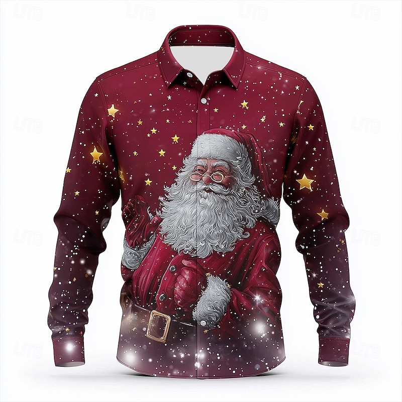 Christmas Men's Santa Claus Snowflake funny christmas Shirt Button Up Shirt Long Sleeve Funny Outdoor Holiday Spring Fall Turndown 3D Print Collared Shirts Dark Red Red2