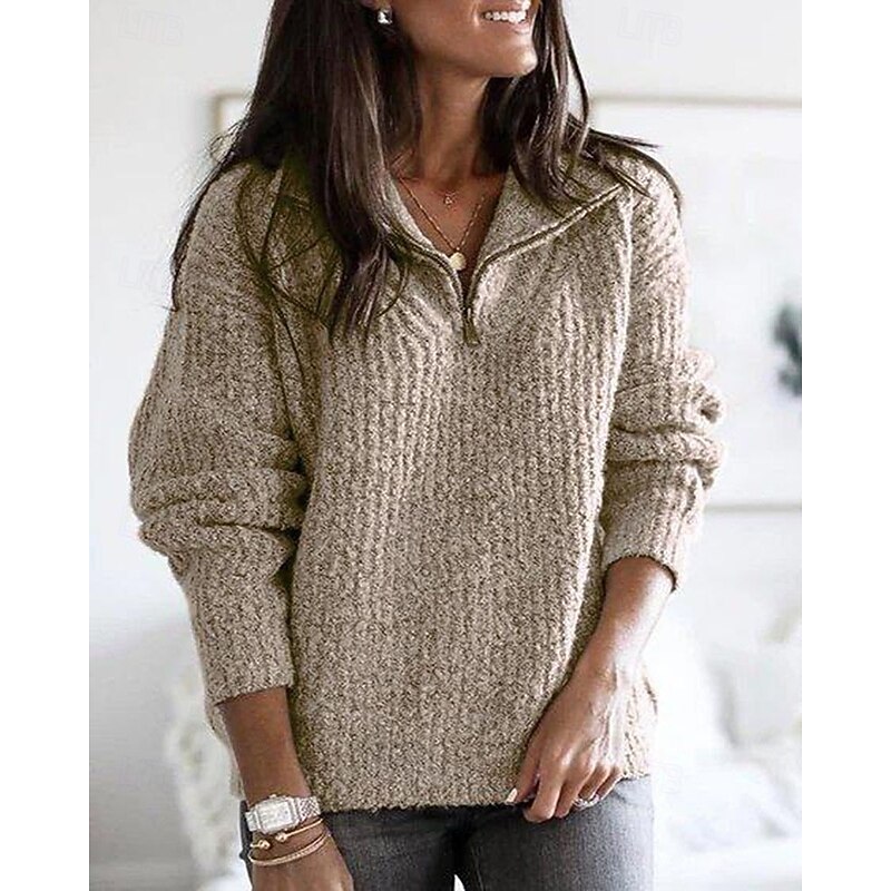 Women's Sweater Pullover Streetwear Casual Solid Color Shirt Collar Zipper Knitted Long Sleeve Regular Tops Knit Daily Holiday Going out Black Pink Fall Winter4