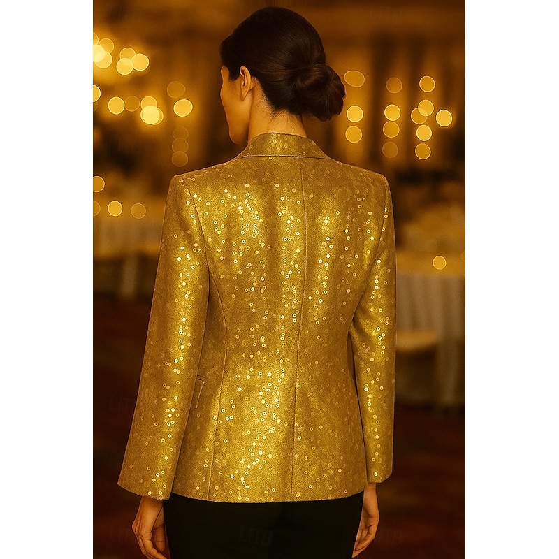 Women's Women Gold Sequin Blazer Sport Coat Formal Wedding Guest Formal Evening Elegant Tuxedo Long Sleeve Notch lapel with Pockets2