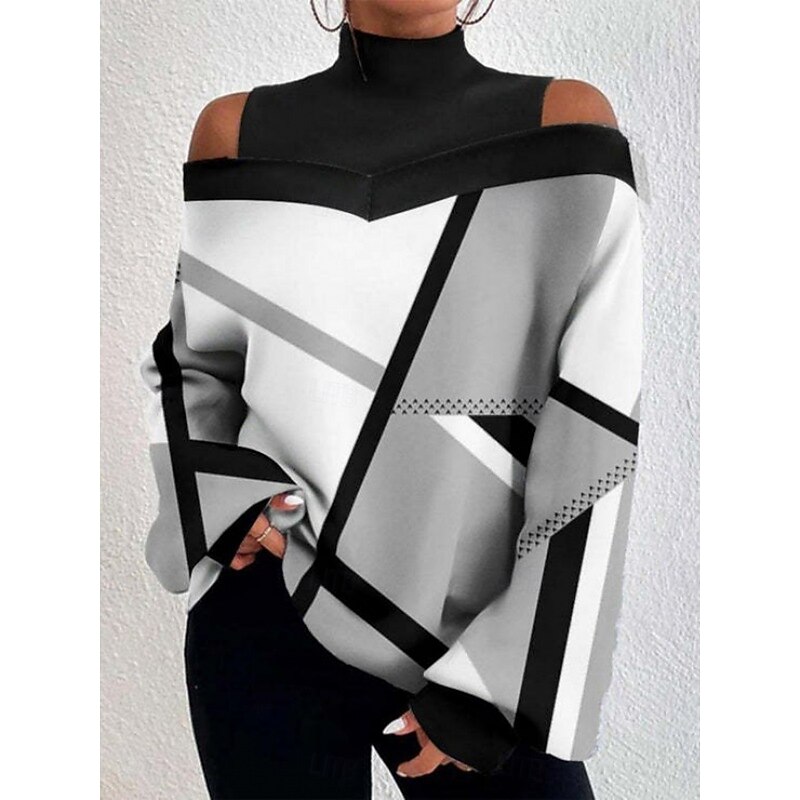 Women's Blouse Geometric Plaid Stylish Casual Long Sleeve High Neck Regular Tops Daily Patchwork Print Black White Khaki Gray Spring Fall Winter2
