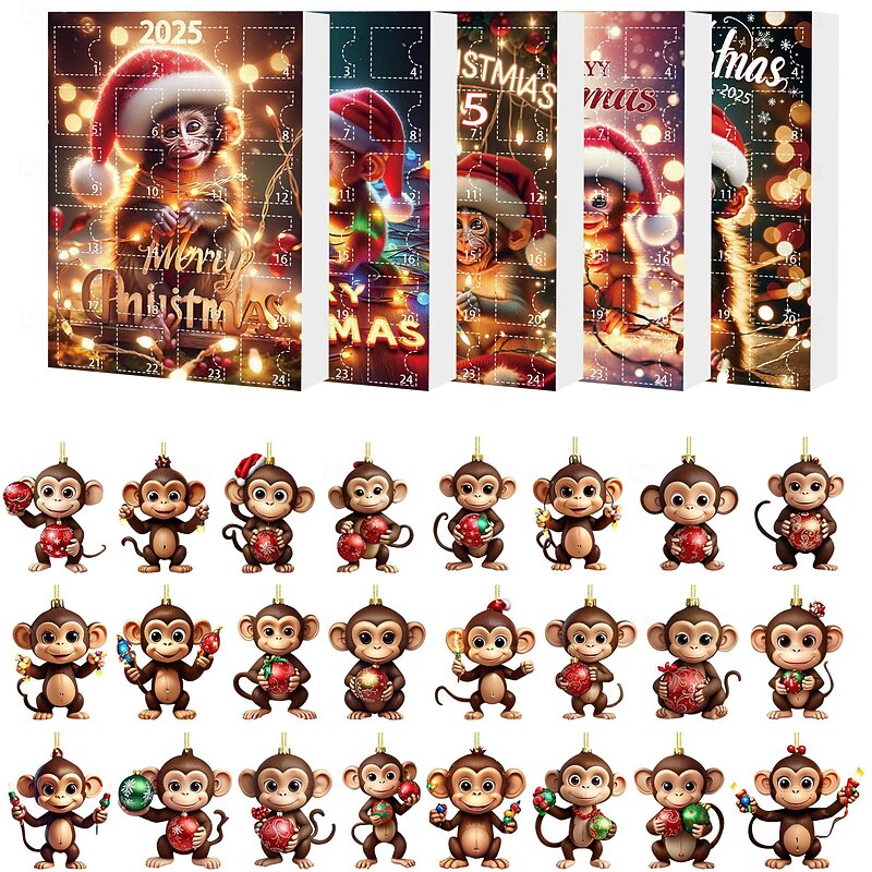 2025 Christmas Monkey Advent Calendar 2D Acrylic Cute Monkey Hanging Ornaments 24 PCS Unique Christmas Countdown Tree Decoration or Home Party Indoor Outdoor Decor