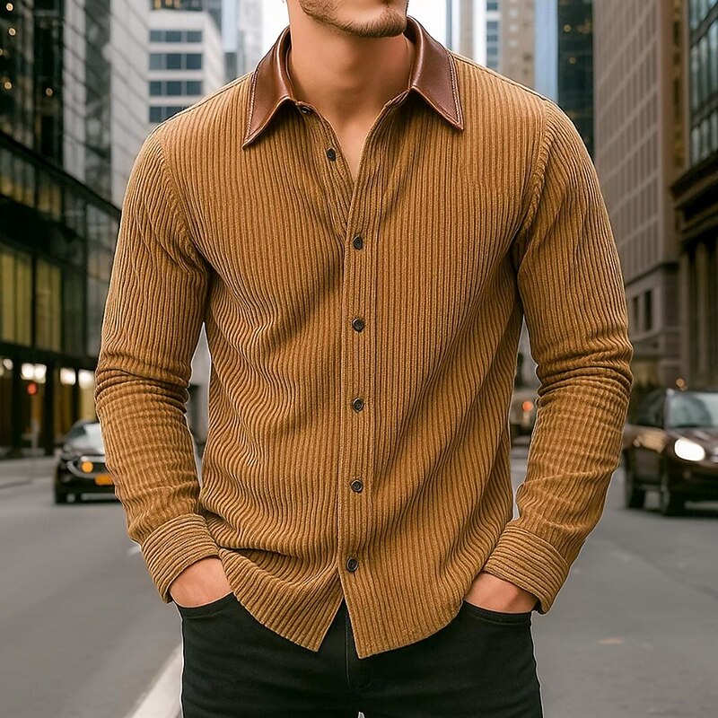 Men's Corduroy Shirt Black Navy Blue Brown Gray Long Sleeve Striped Turndown School Training Buttons Clothing Apparel Vintage Casual