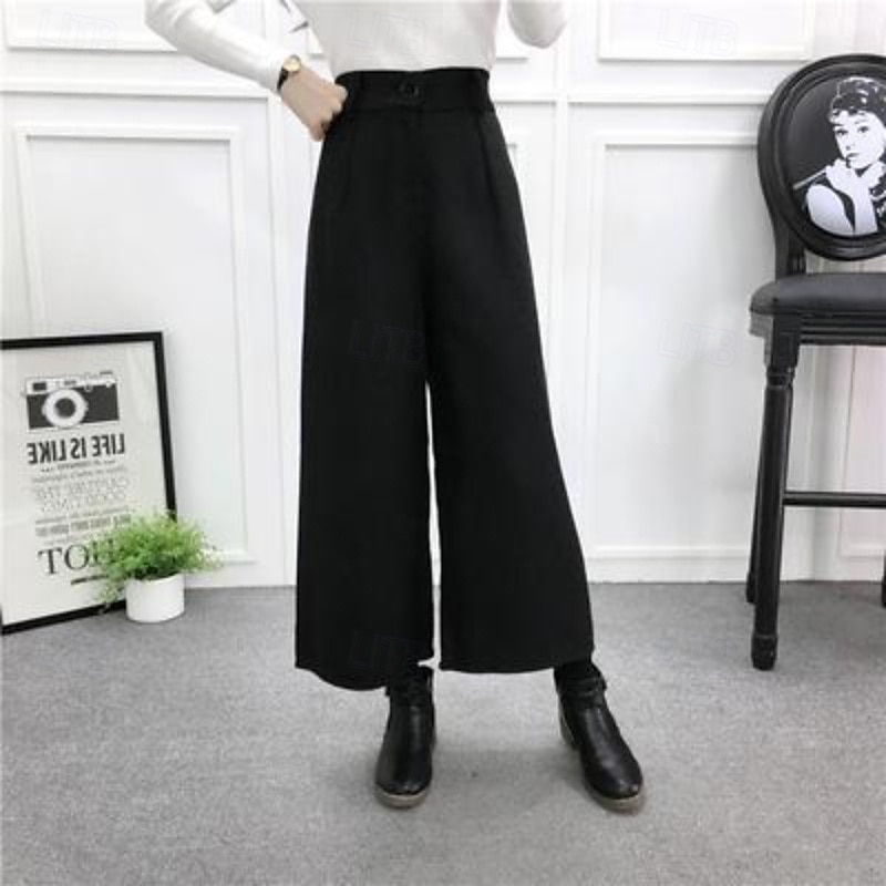 Women's Wide Leg Chinos Straight Vacation Vintage Streetwear Ankle-Length Medium Waist Plain Elastic Waist Buckle Comfortable Inelastic Micro-elastic Outdoor Street Daily Black Grey Light Gray2