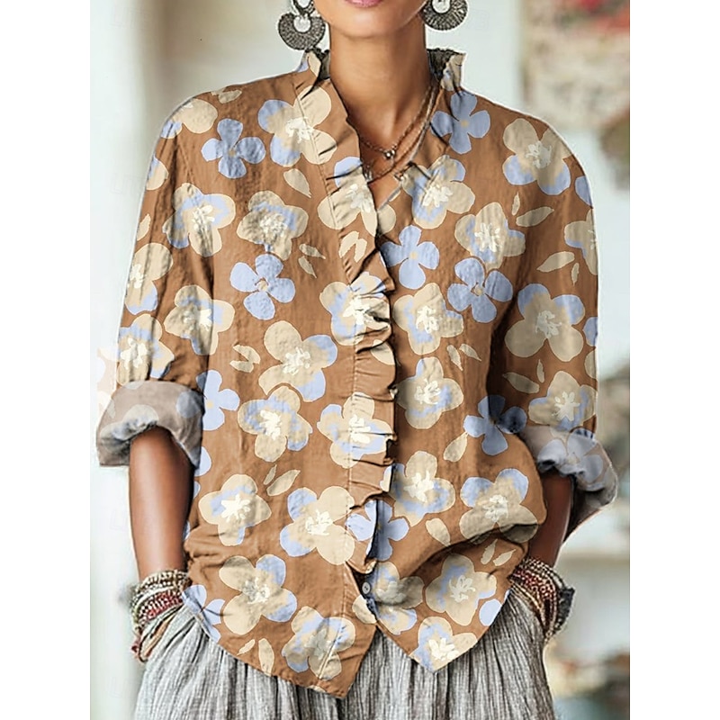 Women's Boho Shirt Floral Graphic Elegant Vintage Daily Long Sleeve V Neck Regular Tops Work Daily Holiday Ruched Ruffle Blue Purple Orange Khaki Spring Fall3