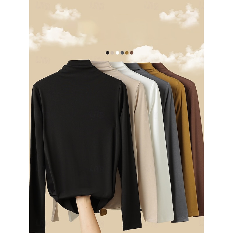Women's Blouse Solid Color Stylish Casual Long Sleeve Turtleneck Regular Tops Daily Black White Pink Brown Beige Spring Fall Winter