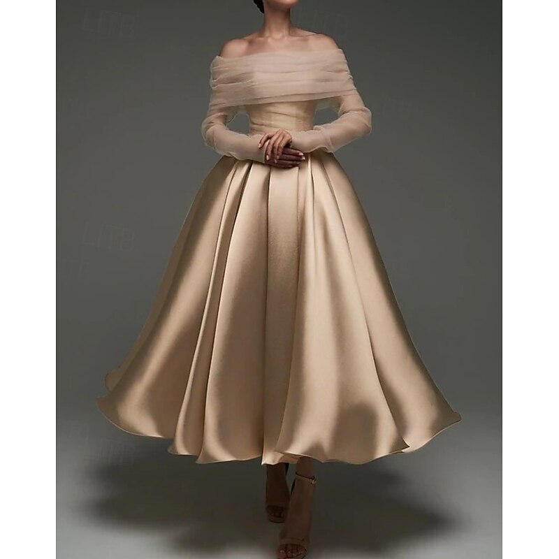 Ball Gown Satin A-Line Cocktail Elegant Dresses with bustle Formal Wedding Ankle Length Long Sleeve Off Shoulder Detachable with Shawl