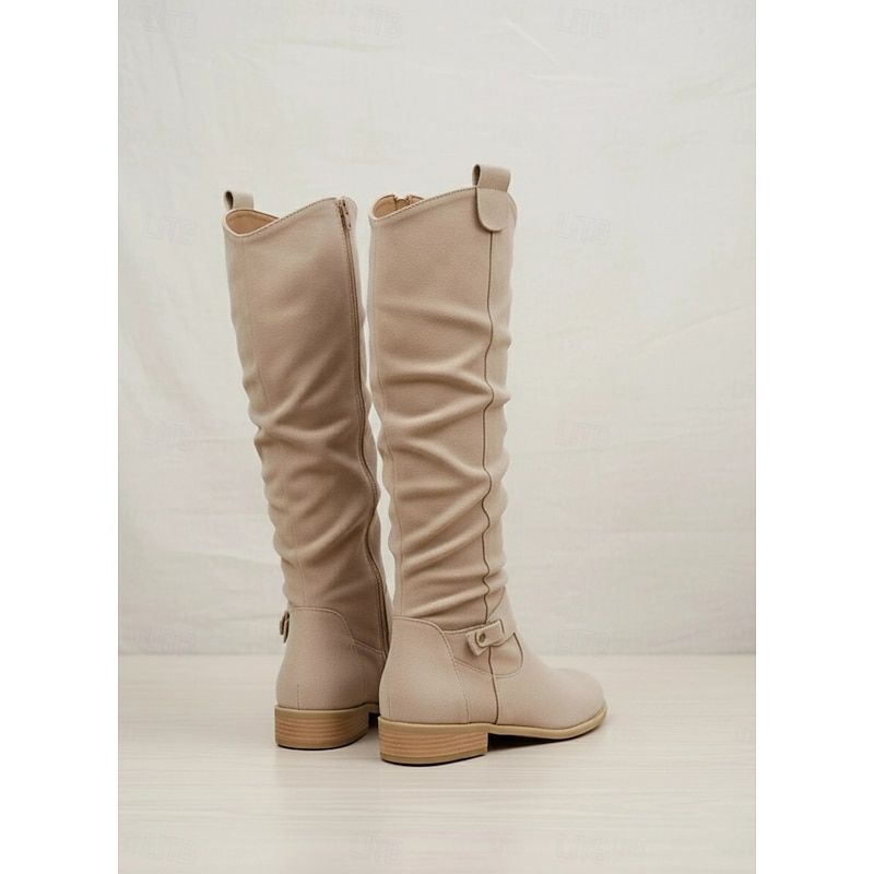 Women's Slouchy Suede Knee-High Boots with Buckle - Casual Flat Heel for Everyday & Fall Fashion4