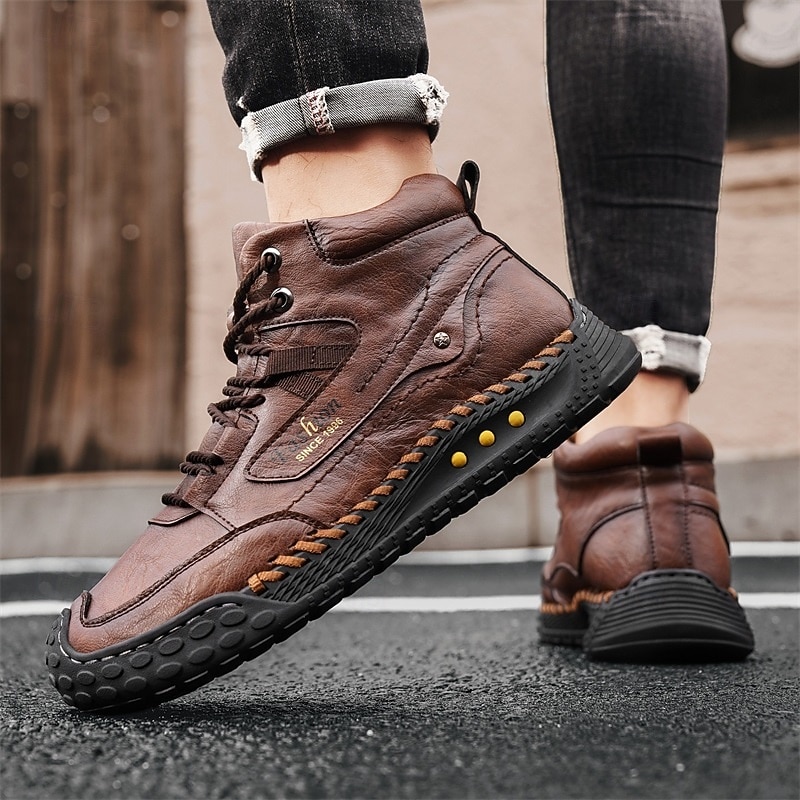 Men's Brown High Top Casual Boots with Lace-Up Design, Soft Comfortable Sole, Durable Outdoor Walking Shoes for Autumn, Winter and Daily Wear4