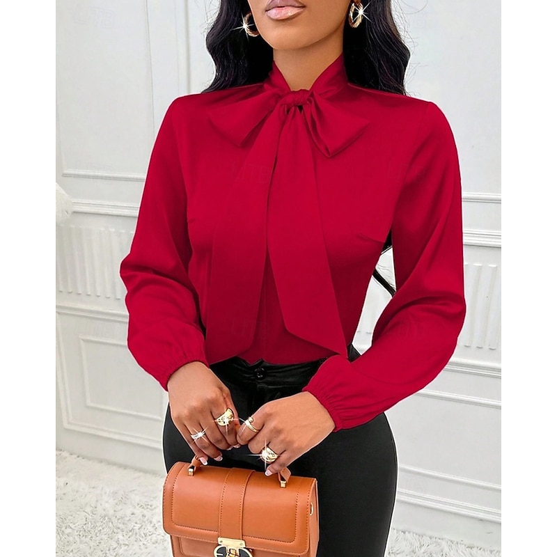 Women's Shirt Elegant Dressy Satin Solid Color Elegant Stylish Basic Long Sleeve Tie Neck High Neck Regular Tops Daily Going out Bow Red Spring Fall4