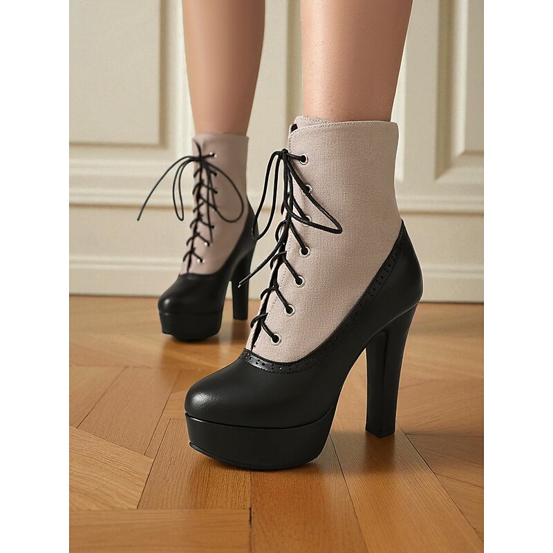 Women's Black and White Lace-Up High Heel Ankle Boots – Vintage Brogue Style Platform Booties with Canvas Panel for Party and Fall Fashion2
