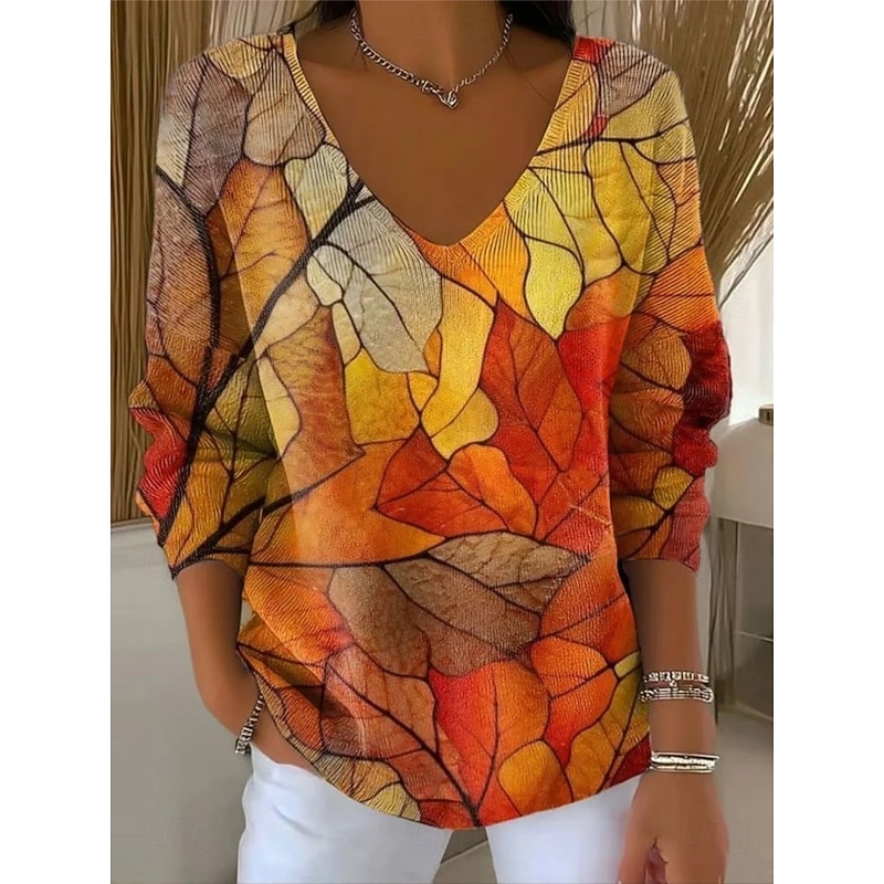 Women's Sweater Elegant Fashion Streetwear Floral Graphic V Neck Knitted Long Sleeve Regular Tops Knit Weekend Yellow Ginger Fall Winter3