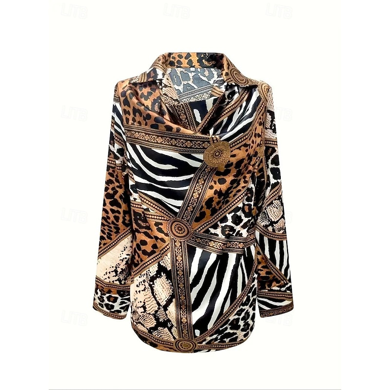 Women's Shirt Leopard Geometric Elegant Daily Long Sleeve Cowl Neck Regular Tops Work Daily Evening Party Draped Brown Spring Fall Winter Spring, Fall, Winter, Summer3