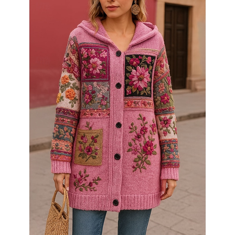 Women's Cardigan Daily Casual Floral Graphic Ribbed Hooded Patchwork Pocket Buttons Long Sleeve Long Tops Knit Outdoor Weekend Pink Fall Winter2