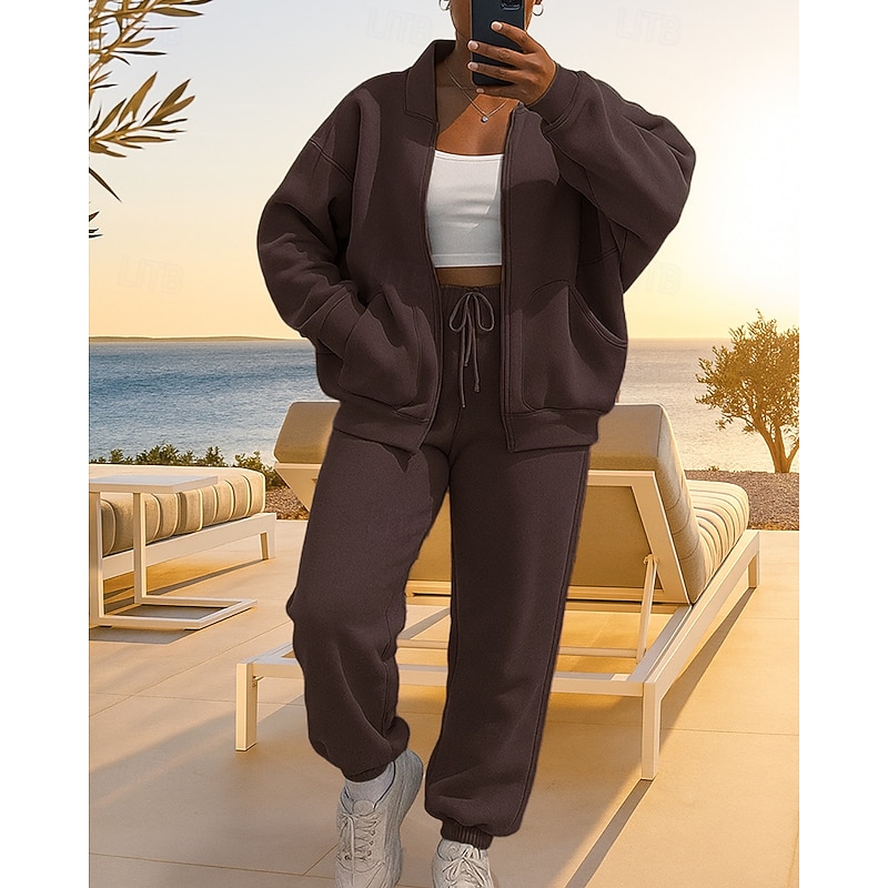 Women's 2 Piece Tracksuit Sweatsuit Sets Sportswear Zip Up Baggy Solid Colored Clothing Suit Fall Black Pink Vocation Outdoor Travel Lightweight Fashion Long Sleeve Sport Activewear Micro-elastic4