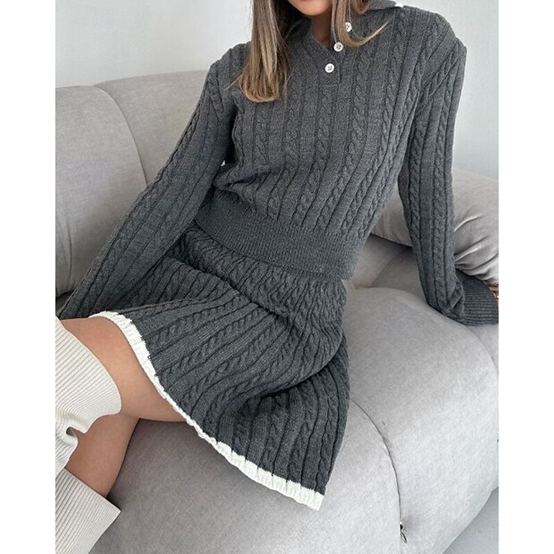 Women's Active Fashion Blouse Sweater Skirt Sets Long Sleeve Shirt Collar Color Block Patchwork Vacation Holiday Black White Gray Fall Regular Fit2