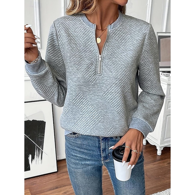 Women's Pullover Sweatshirt Plain Casual Long Sleeve Crew Neck Regular Tops Street Dailywear Zipper Black White Pink Gray Fall Winter3