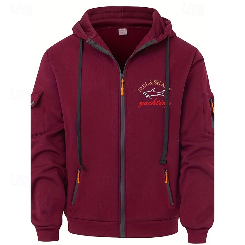 Men's Hoodie Full Zip Hoodie Black Wine Navy Blue Light Grey Hooded Animal Letter Pocket Sports & Outdoor Daily Holiday Polyester Streetwear Basic Casual Fall Winter Clothing Apparel Hoodies
