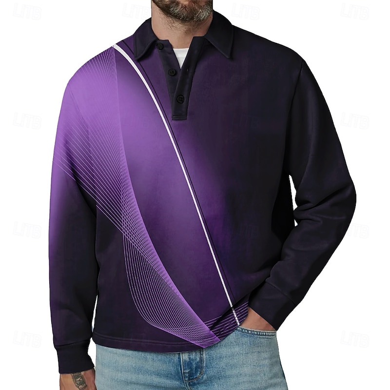 Men's Geometic Line Polo Long Sleeve Polo Shirts Collared Shirts Casual Outdoor Athleisure 3D Print Spring Fall Winter Red Blue Purple