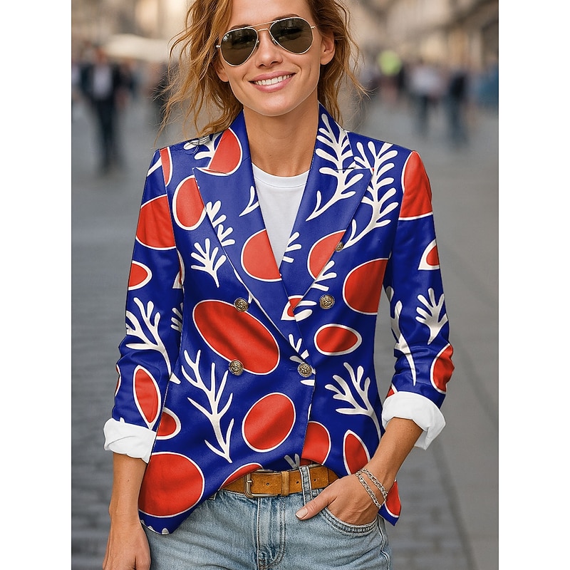 Women's Blazer Comfortable Breathable Buttons Print Fashion Casual Geometric Office Street Casual Daily Wear Double Breasted Regular Notch Lapel Regular Fit Long Sleeve Outerwear Black Yellow Blue3