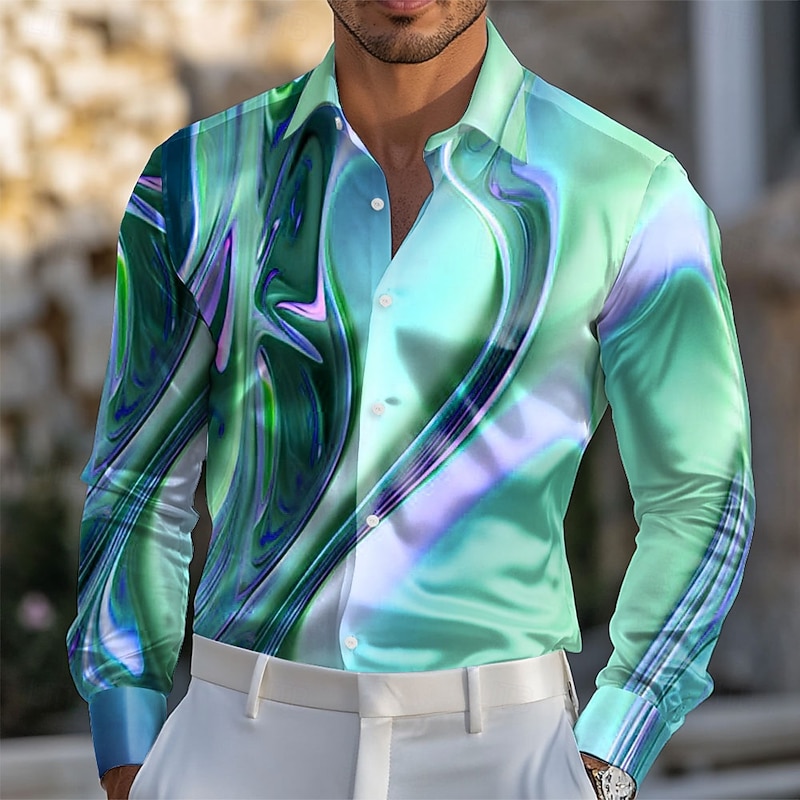 Men's Geometric Gradient Color Abstract Art Shirt Satin Shirt Dress Shirt Long Sleeve Fashion Casual Vacation Dailywear Summer Spring Fall Turndown 3D Print Button Up Shirts Blue Pink / Purple Purple4