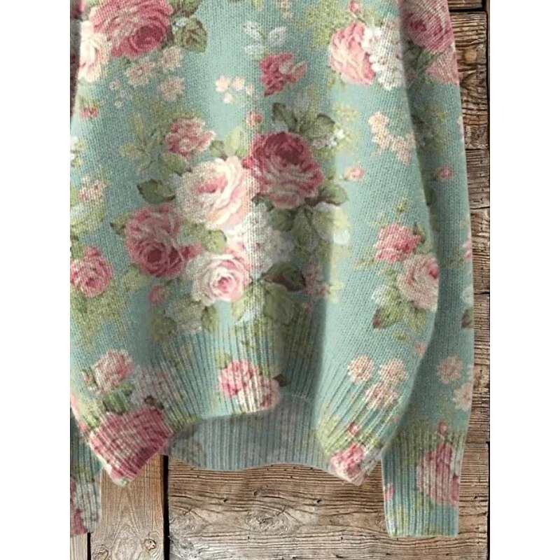 Women's Sweater Casual Soft Floral Graphic Ribbed Turtleneck Floral Knitted Print Long Sleeve Regular Tops Knit Outdoor Daily Weekend Light Green Fall Winter3