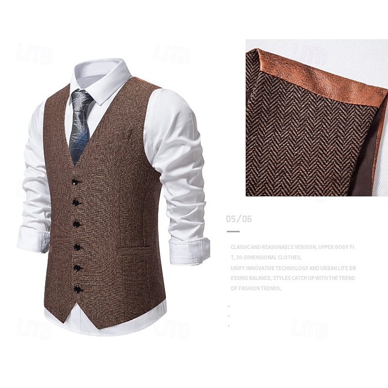 Men's Tweed Vest Waistcoat Formal Wedding Vacation Daily Vintage Fashion Spring Fall Pocket Buttons Polyester Comfortable Herringbone Single Breasted V Neck Lapel Slim Fit Brown Light Grey Dark Gray3