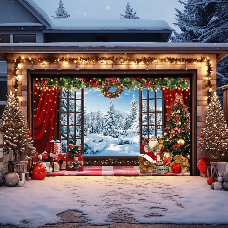 Christmas Garage Door Cover Large Hanging Backdrop Window Town Cute 3D Party Outdoor Holiday Shooting Backgrounds Yard Home Decor2