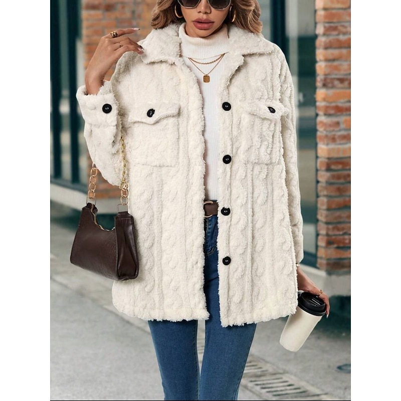 Women's Winter Coat Fleece Jacket Comfortable Breathable Pocket Buttons Casual Plain Vacation Street Casual Daily Wear Single Breasted Long Turndown Regular Fit Long Sleeve Outerwear Apricot Spring3