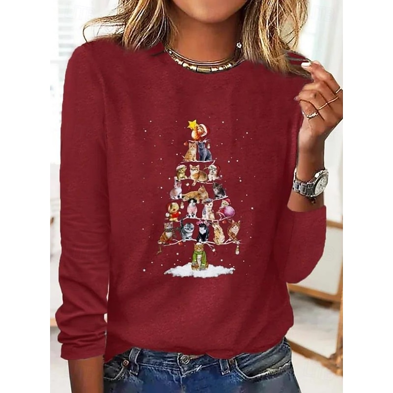 Christmas Women's T Shirt Graphic Cat Christmas Tree Vintage Fashion Stylish Long Sleeve Crew Neck Regular Tops Daily Weekend Print Black Red Blue Green Gray Fall Winter4