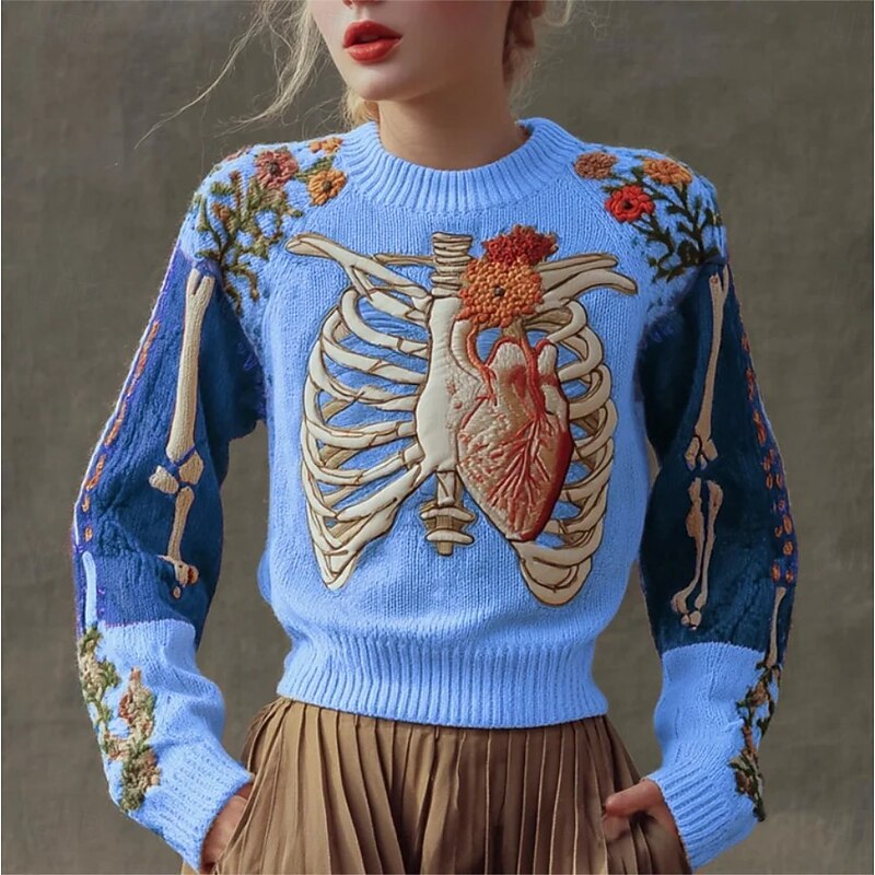 Women's Sweater Cute Streetwear Casual Graphic Skeleton Crew Neck Patchwork Knitted Long Sleeve Regular Tops Knit Halloween White Blue Fall Winter4