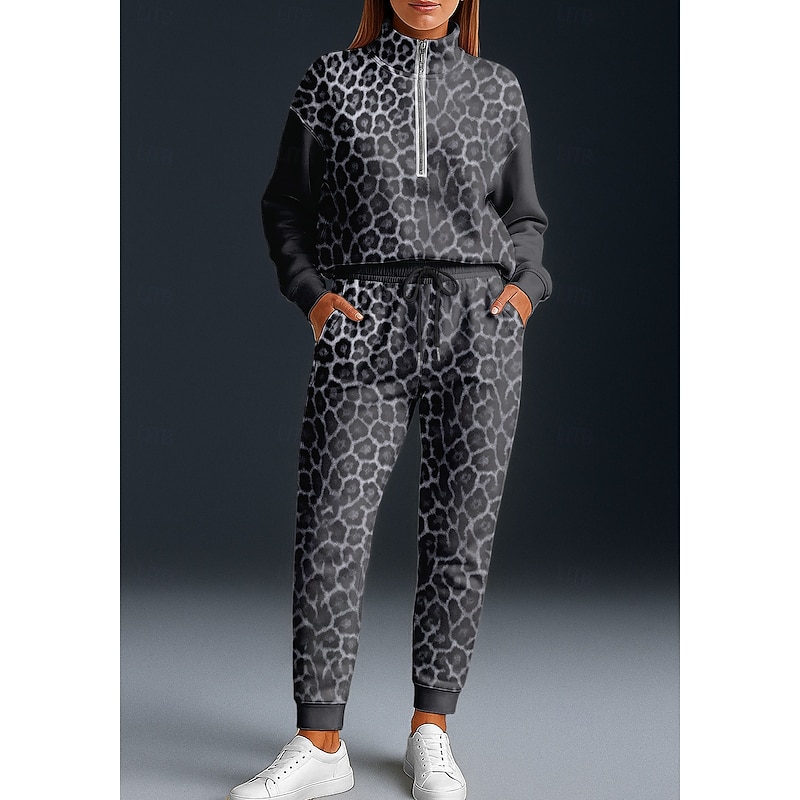 Women's Sweatshirt Tracksuit 2 Piece Tracksuit Baggy Leopard Clothing Suit Fall Dark Gray Vocation Outdoor Travel Lightweight Fashion Long Sleeve Sport Activewear Stretchy Regular Fit4