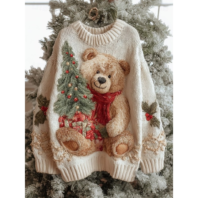 Women's Sweater Fashion Casual Graphic Animal Crew Neck Knitted Long Sleeve Regular Tops Knit Work Daily White Blue Fall Winter2