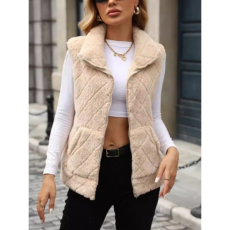Women's Fleece Vest Sherpa Jacket Comfortable Breathable Zipper Pocket Casual Plain Vacation Street Casual Daily Wear Zipper Regular Turndown Regular Fit Sleeveless Outerwear Black Red Fuchsia Spring