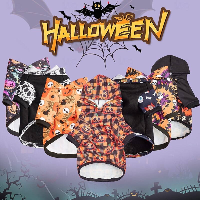 Halloween Pumkin Print Dog Hoodie - All-Season Pet Sweatshirt for Small to Medium Breeds Machine Washable2