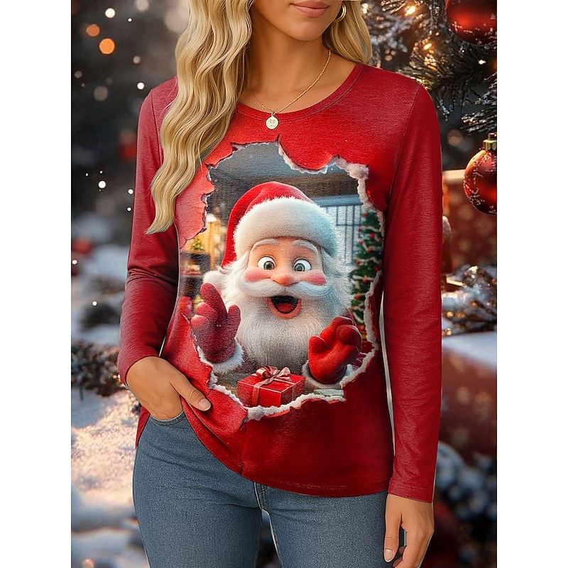 Christmas Women's T Shirt Graphic Santa Claus Vintage Fashion Stylish Long Sleeve Crew Neck Regular Tops Daily Weekend Print Red Spring Fall Winter