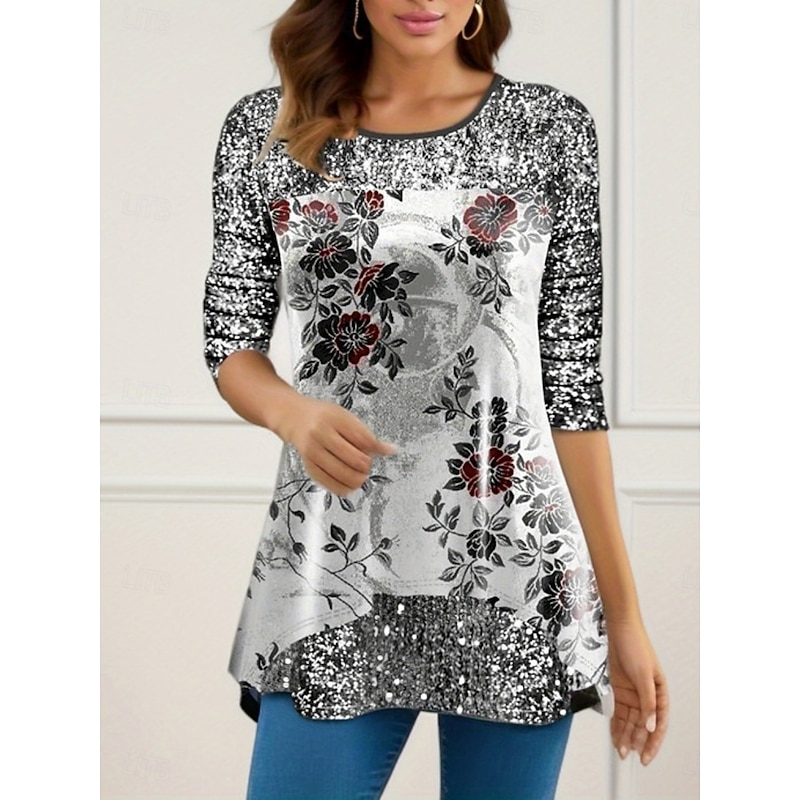 Christmas Women's Blouse Floral Elegant Stylish Casual Long Sleeve Crew Neck Regular Tops Daily Sequins Patchwork Print Silver Wine Purple Fuchsia Gold Spring Fall Winter2