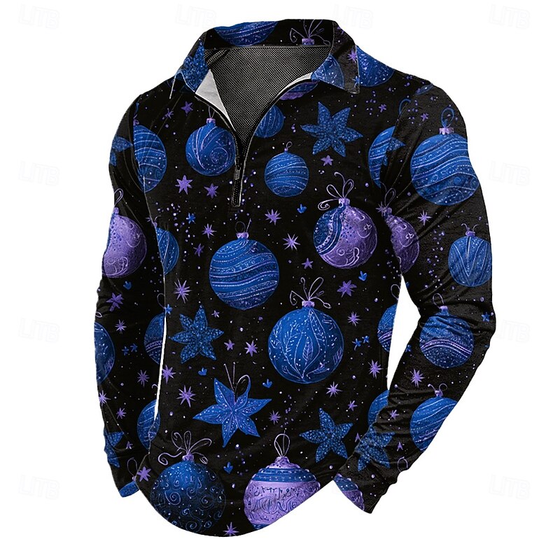 Christmas Men's Bells Zip Polo Shirts Long Sleeve Polo Shirts Lapel Casual Outdoor Holiday Festival Outfit 3D Print Fall Winter Red Blue2