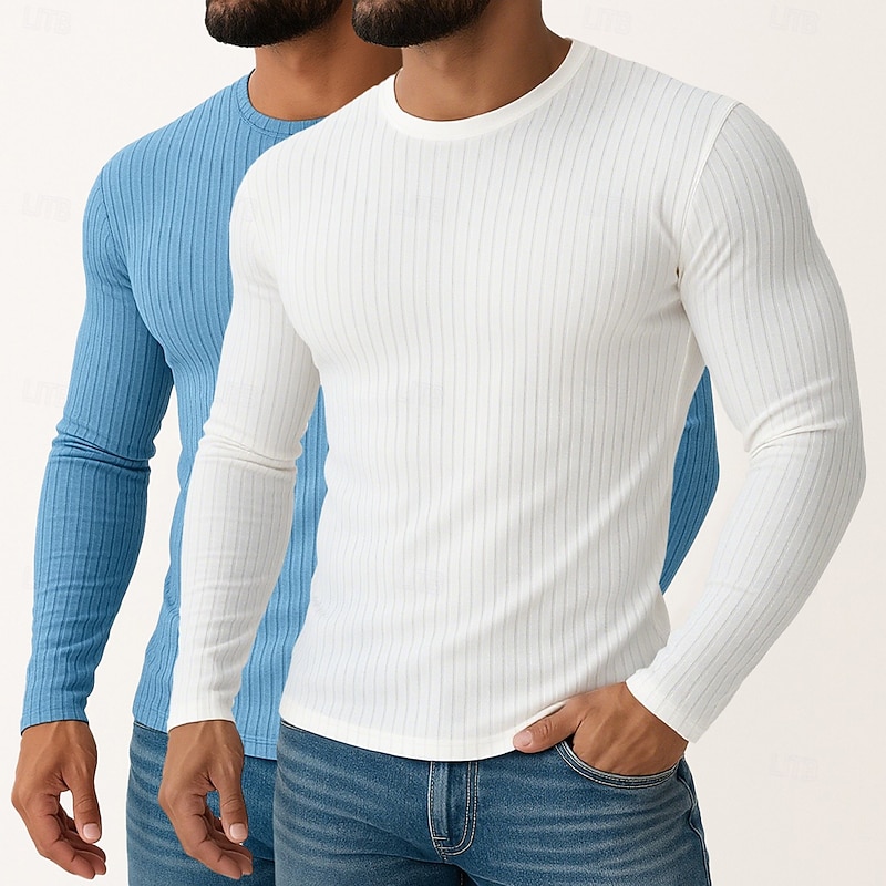 Men's T Shirt Muscle Shirt Ribbed Knit tee Tee Top Long Sleeve Crew Neck Spring Fall All Seasons Solid Color Plain Textured Fashion Designer Basic 2 Piece Knitting Plain Vacation Street Casual2