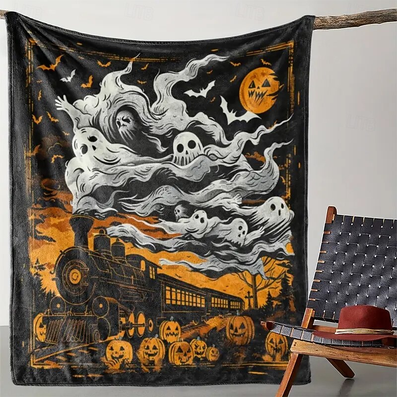 Halloween Fleece Throw Blanket for Couch Boo Train 3D Dark Punk Gothic Style Party Sofa Bed Decorative Warm Blanket Home Decor