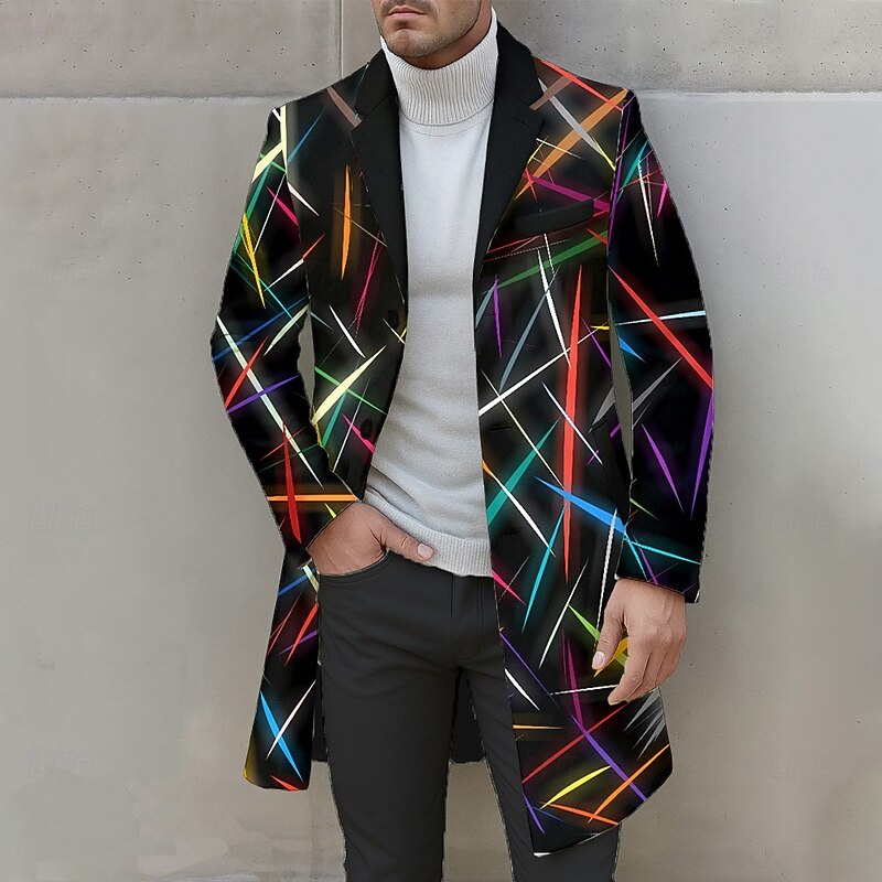 Men's Geometric Line Overcoat Coat Thermal Warm Comfortable Casual Business Daily 3D Print Buttons Front Pocket Spring Fall Winter Notch Long Sleeve Black White2